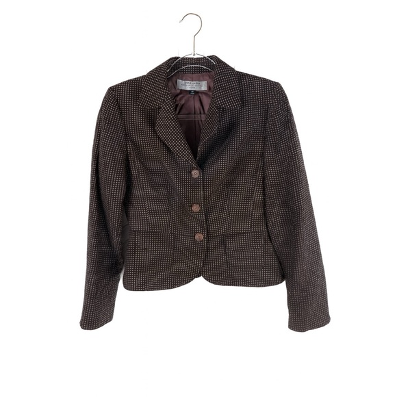 Tahari Brown Pink Polka Dots Light Tweed Blazer Pockets 3 Button, Size 4P - Picture 2 of 12